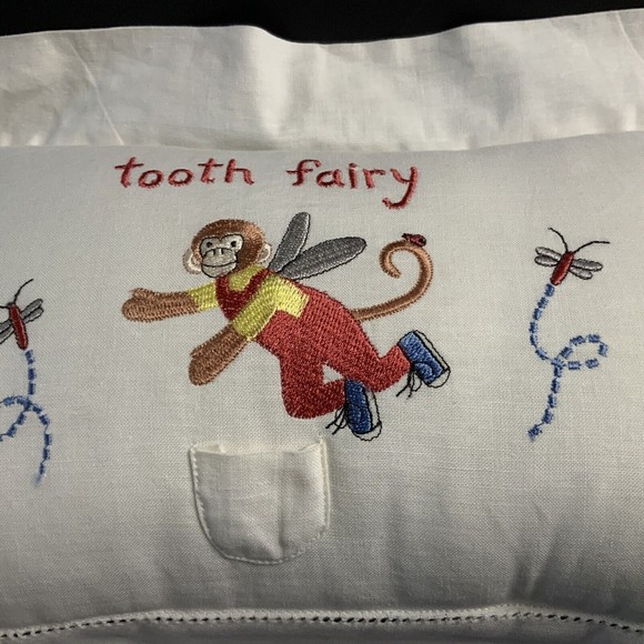 Tooth Fairy Pillow Embroidered Monkey & Dragonflies/Fireflies Ivory Pocket - Picture 2 of 11